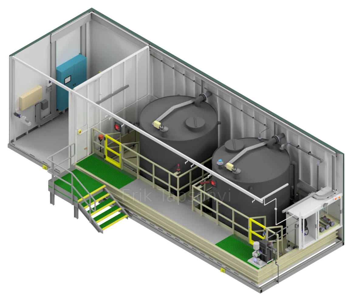 Isometric CAD view of the Ferric Chemcube 20000 interior, tanks and access platform