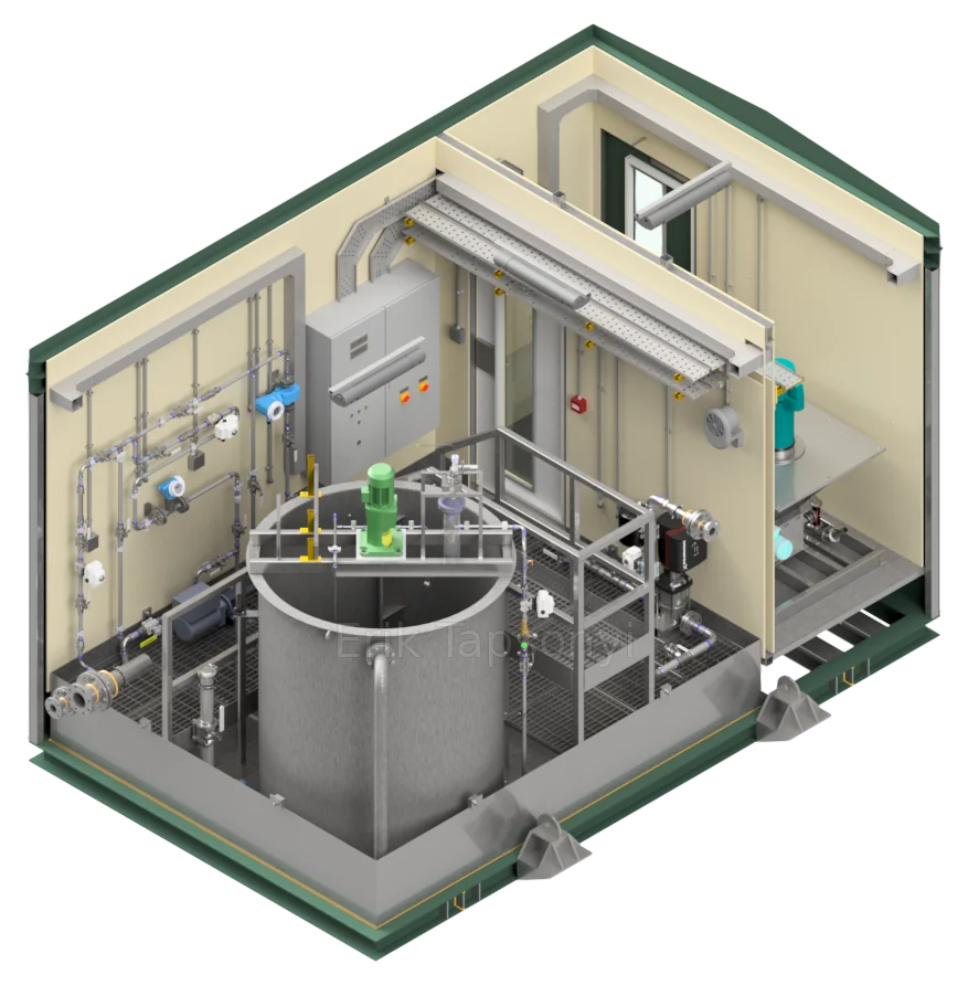 Isometric CAD view of the radioactive effluent treatment unit interior and batching equipment